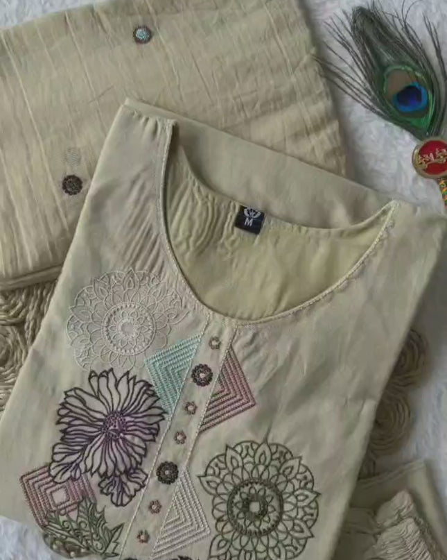 KR 401 Cream Cotton Thread Embroidery Readymade Dress