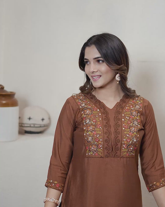 Lila 135 Brown Roman Silk Hand Work Kurti Pant With Dupatta