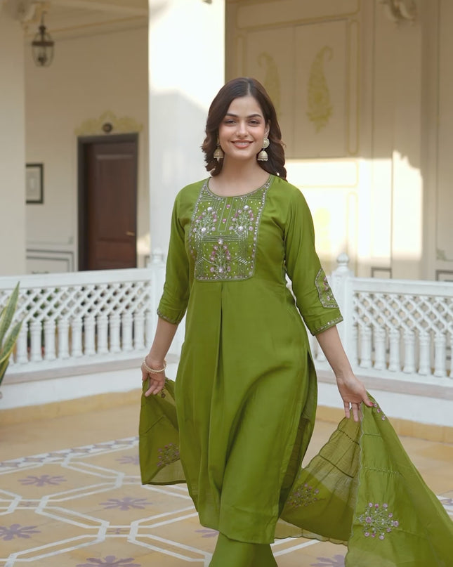 Lila 144 Olive Green Viscose Silk Designer Readymade Suit