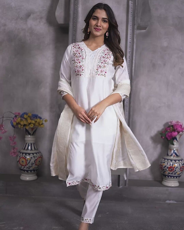 Lila 135 White Roman Silk Hand Work Readymade Suit