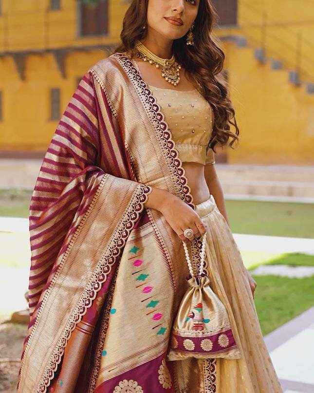 WMN 2032 Cream Organza Zari Weaving Paithani Lehenga Choli