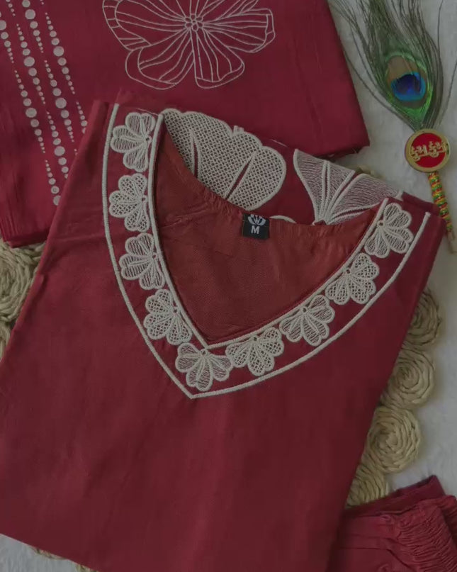 KR 404 Falu Red Cotton Embroidery Readymade Dress