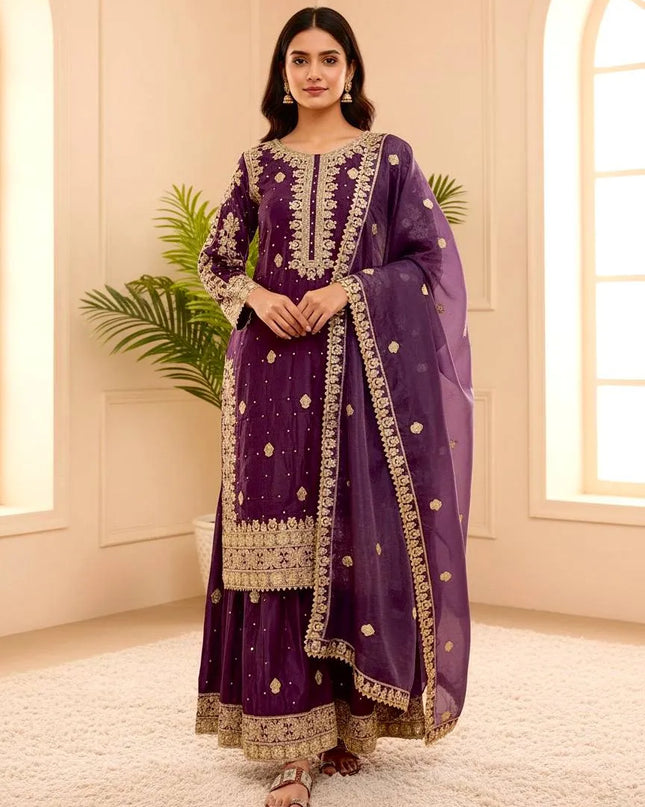 Sabina 5314 Natural Crep Silk Embroidery Wedding Readymade Dress