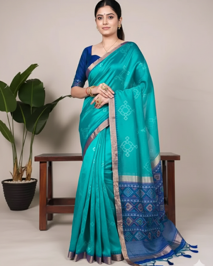 WMN 7417 Jacquard Silk Patola Printed Sari Online Skyblue