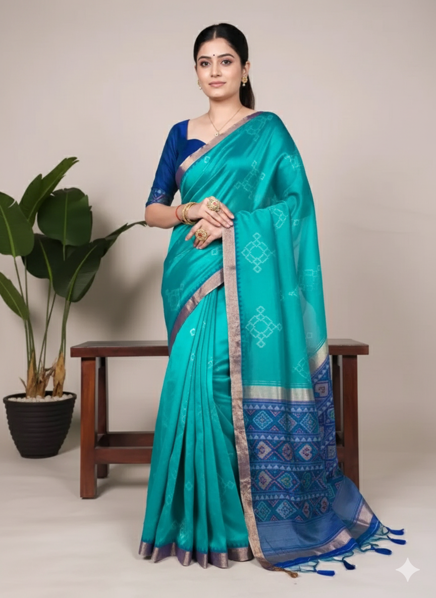 WMN 7417 Jacquard Silk Patola Printed Sari Online Skyblue